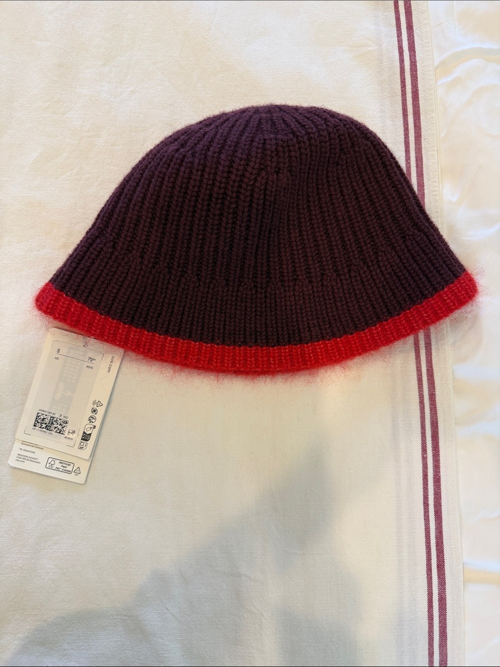 COS Ribbed Knit Beanie Hat - Purple with Red Trim XS/S NWT